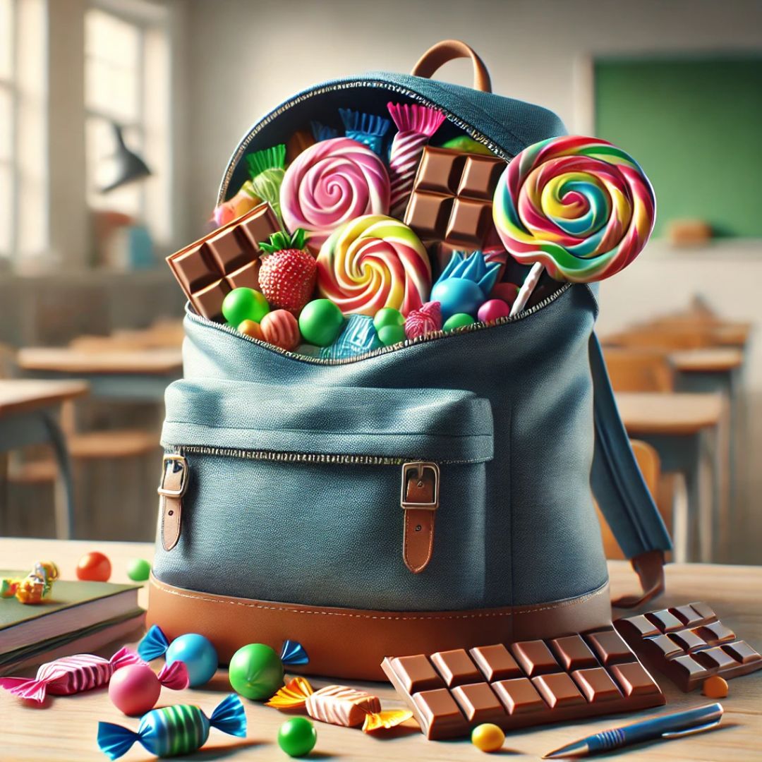 cartable sur une table d'école remplie de bonbons